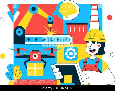 KI-Robotik in der Industrie Vektor-Illustration mit intelligenter Automatisierung, Industrierobotern, Hintergrund für Advanced Manufacturing Technology Stock Vektor