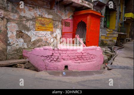 Mathura, Indien - 13. März 2024: Ein Affe sitzt am Rand eines runden rosa bemalten Ziegelsteins vor einer verwitterten Mauer mit Hindi-Schildern und einem kleinen roten Schrein entlang einer engen Straße mit Treppen und alten Gebäuden. Stockfoto