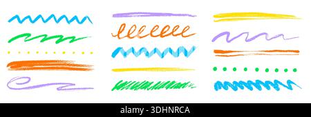 Bunte handgezeichnete Pinselstriche und Unterstreichungen. Strukturierte Kreidebleistiftmarken, Kreidekreide, Kreidefarbinen. Pinselstrich mit Buntstift-Textur, raue Hervorhebungsformen. Vektorabbildung Stock Vektor