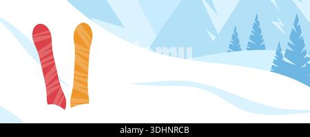Zwei farbenfrohe Ski im Schnee auf einem ruhigen Berghang unter blauem Himmel, Sonnenaufgangslicht mit sanften Schatten, Stock Vektor