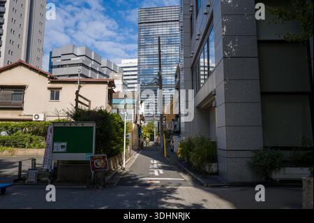 Tokio, Japan - 21. Oktober 2024: Das Bild zeigt eine enge Straße in Minato City, die von einer Mischung aus älteren flachen Häusern und modernen Bürohochhäusern gesäumt ist, mit Versorgungsmasten und Drähten, die unter teilweise bewölktem Himmel sichtbar sind. Stockfoto