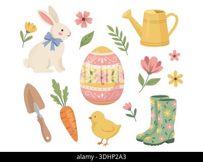 Niedliches Frühlingsset für Ostern. Vektorsammlung mit Häschen, Ei, Küken, Blumen und Gartenwerkzeugen Stock Vektor