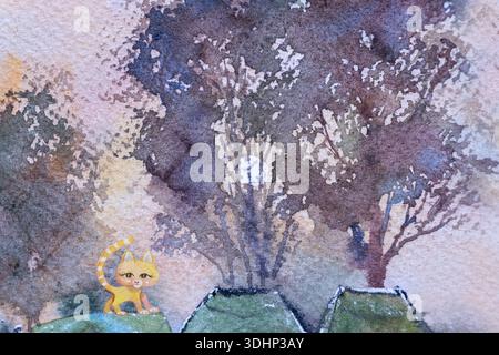 Katzengelb mit abstrakten Bäumen Natur. Aquarellgemälde Vintage-Art florale Katze auf Topf im Garten, farbenfrohe moderne Farbe. Handgezeichnetes Gemälde Stockfoto