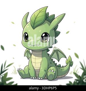 Niedlicher Green Leaf Dragon, Der Im Freien Verspielt Sitzt Stock Vektor