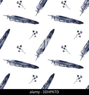 Nahtloses Aquarellmuster mit dunklen mystischen Federn und kleinen Zweigen lila Beeren, die diagonal angeordnet sind. Minimalistischer gotischer Botanik Stockfoto