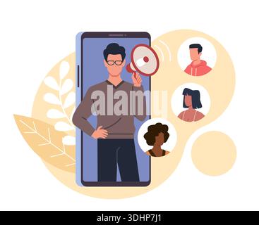 Empfehlungsprogramm. Neue Kunden gewinnen, Netzwerkmarketing, Freunde einladen, Megaphon in der Hand halten, Smartphone-Bildschirm mit Avatar-Symbolen, soziale Medien Stock Vektor
