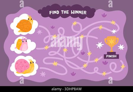 Design des Schneckenlabyrinths. Schnecken mit Muscheln rasen durch Labyrinth, lustige Muscheln, lehrreiche Spiele für Kinder, Wege finden, verwickelte Wege für Kinder Stock Vektor