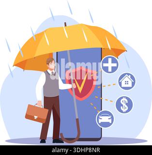 Versicherungsdienstleistungen. Schutz von Clients mit Smartphone, Antivirenprogrammen und -Anwendungen, Mobilgerät mit Schild und Symbolen für Gesundheit, zu Hause, Auto Stock Vektor