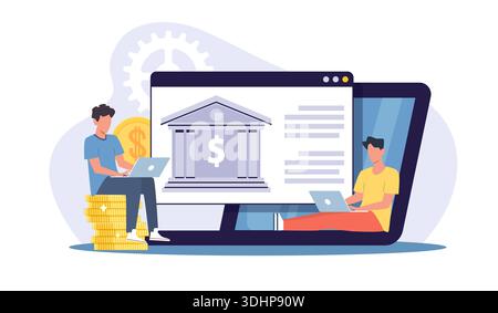 Finanzdienstleistungen. Webentwickler, Bankplattformen, Programmierer, die sich mit Finanzanwendungen, Geldoperationen, Sicherheit und Automatisierung, Digitaltechnik beschäftigen Stock Vektor