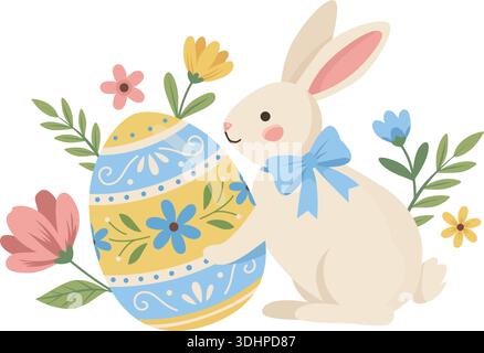 Süßer Osterhase mit dekorierten Ei und Frühlingsblumen. Vektor-Feiertagsillustration auf weiß Stock Vektor