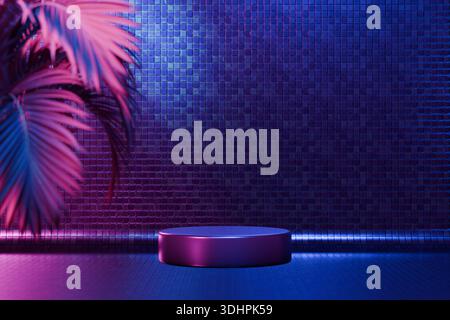 Disco-Podium im Neon-Stil mit tropischen Palmen. 3D-Rendering Stockfoto