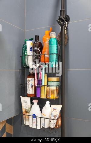 In einem modernen Badezimmer können Flaschen und Toilettenartikel in einem Duschkabine angeordnet werden Stockfoto