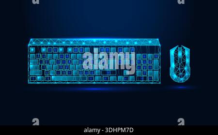 Computertastatur und Maus mit niedrigem Poly-Drahtmodell auf dunkelblauem Hintergrund. Stock Vektor