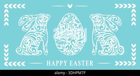 Horizontale Osterschablone mit dekorativen Ornamenten, Häschen und Eiern auf türkisfarbenem Hintergrund. Ostern Banner Design zum Verkauf, Website, Flyer oder Postkarte. Eierjagd Ostergrenze. Stock Vektor
