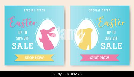 Werbebanner zum Oster-Sonderangebot mit einem Hasen im Ei, um für einen Online-Shop zu werben. Postkartenset in modernem, minimalistischem Design. Quadratische Werbevorlage mit Rabatt für einen Frühlingsurlaub. Stock Vektor