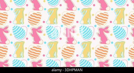 Niedlicher Osterhintergrund mit rosa und gelben Häschen Silhouetten und bunten Eiern. Festliches, nahtloses Muster für Geschenkpapier, Kindertextilien und Hintergründe für die Eierjagd. Stock Vektor