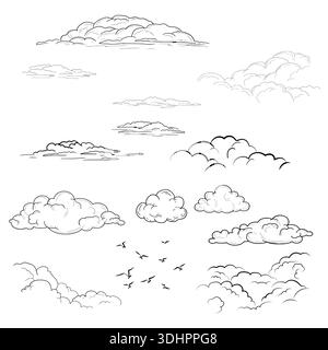 Sammlung von flauschigen Wolken in verschiedenen Formen und Silhouetten von Vögeln, schwarz-weiße Skizze. Dicke Bergwolken isoliert auf weißem Hintergrund. Stock Vektor