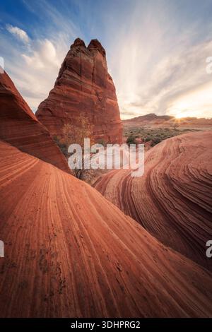 Blick auf die wirbelnden roten Sandsteinformationen, die unter einem Himmel aufsteigen, der mit dem ersten Licht der Morgenröte bedeckt ist, ein zeitloser Tanz von Erde und Himmel, Marble Canyon, Arizona Stockfoto