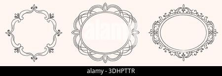 Elegante handgezeichnete Zierrahmen mit floralen Kurven und Vintage-Spitze. Dekorative runde und ovale Ränder. Klassisches Papiergeschnittenes Design für Stock Vektor