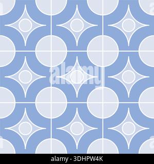 Nahtloses geometrisches Muster mit kräftigen weißen runden und geschwungenen Linienmotiven auf tiefblauem Hintergrund. Inspiriert vom klassischen Fliesendesign. Stock Vektor