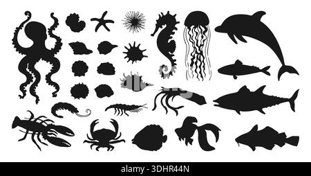Unterwasserlebewesen Silhouette Hand gezeichneter Vektor Illustration Set. Kraken, Seepferdchen nautilus Muschelfische Krabben, Hummer Seesterne Muscheln Schatten. Moderne Kunstdruckschablone, Küstenmeer-Retro-Stimmung Stock Vektor