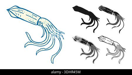 Tintenfisch-Vektor-Illustration in Hand gezeichneter Tinte Skizzenstil mit Tentakeln. Retro-Vintage-Gravur-Stimmung, Meeresbewohner, detaillierte Doodle-Umrisse Grunge-Line-Kunst und auffällige schwarze Silhouette isolierte Kunst Stock Vektor