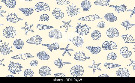 Nahtloses Muster mit handgezeichneten Muscheln im Retro-Marine-Doodle-Stil. Nautische Sommerstimmung, elegante Küstentextur, Unterwasser-Ozeanleben wiederholen Design Hand gezeichneter Muschelvektor Hintergrund Stock Vektor