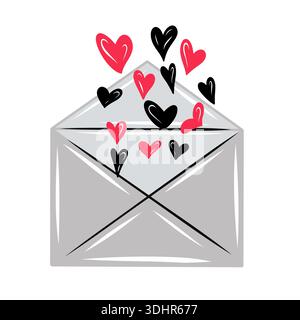 Offener Umschlag mit fliegenden Herzformen, die Liebesbotschaften, Romantik und Emotionen symbolisieren. Niedliches romantisches Vektordesign Stock Vektor