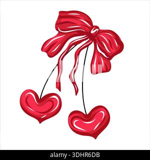 Romantische rote Kirschillustration mit herzförmigen Früchten, die durch eine Schleife gebunden sind. Niedliches Vektordesign Stock Vektor