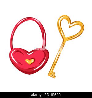 Herzförmiges Vorhängeschloss und goldene Schlüsselfigur symbolisieren Liebe, Vertrauen und Romantik. Niedliches romantisches Vektordesign Stock Vektor