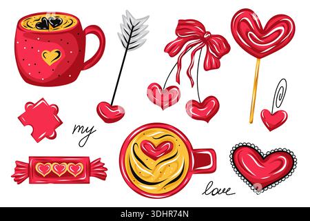 Handgezeichnetes Symbol-Set zum Valentinstag mit Kaffeetassen, Herzen, Süßigkeiten, Schleife, Pfeil und Lutscher. Süßer romantischer Vektor Stock Vektor