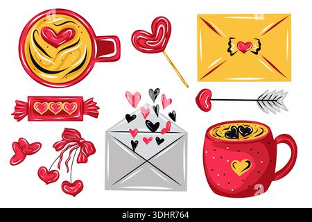 Valentinstag handgezeichnetes Symbol Set mit Kaffeetassen, Herzen, Süßigkeiten, Umschlag, Schleife, Pfeil und Lutscher. Niedliche Vektorkollektion Stock Vektor