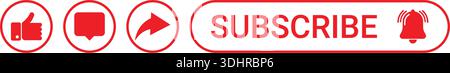 Die Schaltfläche „Abonnieren“ in sozialen Medien ist mit Symbolen „ähnliche Kommentare teilen“ und „Benachrichtigungsglocke“ gesetzt Stock Vektor