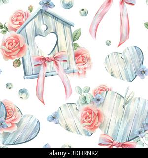 Ein nahtloses Aquarellmuster mit einem hölzernen Vogelhaus, Herzen, Rosen und einer Schleife für Frühling, Ostern, Muttertag, Valentinstag und Hochzeit Stockfoto