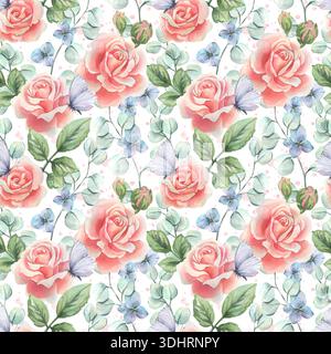 Ein nahtloses Aquarellmuster mit rosa Rosen, zarten Eukalyptuszweigen, blauen Blumen und Schmetterlingen. Handgezeichnete Illustration für die Frühlingsferien Stockfoto