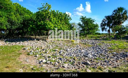 Izamal, Yucatan, Mexiko, Landschaft rund um die Kinich Kak Moo Pyramide, die präkolumbische Maya-Architektur darstellt Stockfoto