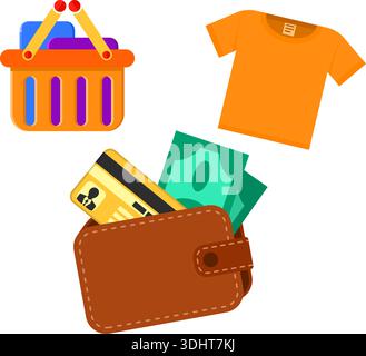 Flache Symbole für den E-Commerce mit Geld-, Geldbörsen- und Korbsymbolen. Vektor isoliert auf weiß. Stock Vektor