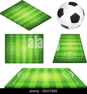 Setze das Fußballfeld mit Ball, Flagge und Tor. Realistische, flache und isometrische Fußballsymbole. Isolierte Vektordarstellung Stock Vektor