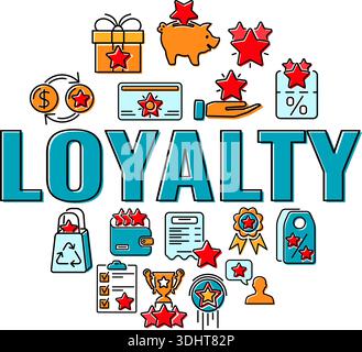 Banner für das Treueprogramm mit Typografie und farbigen, flachen Symbolen. Kunden belohnen mit Boni. Geschenk, Rabattgutscheine, Bonuswachstum, Umtauschgeld Stock Vektor