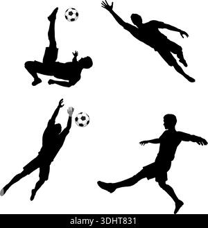 Silhouetten Fußballspieler und Torwart, isoliert auf weißem Hintergrund, Vektor-illustration Stock Vektor
