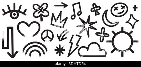 Grunge-Buntstift-Kinder kritzeln Elemente. Handgezeichnete bunte Kritzeleien mit Auge, Krone und Sonne. Niedliche Social-Media-Symbole für Banner und Poster. Herz und Stock Vektor