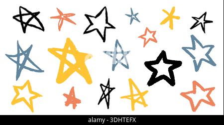 Niedliche, einfache Sterne. Mit dem Pinsel gezeichnete Symbole auf Papier. Bunte gelbe Sterne in verschiedenen Formen und Formen. Stock Vektor