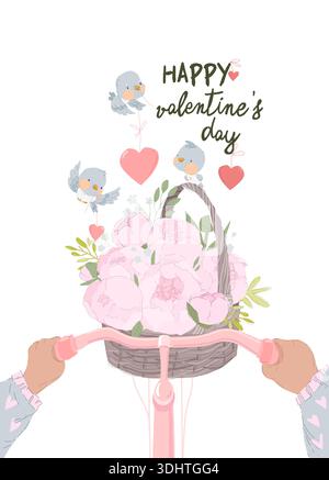 Cartoon Fahrrad und Korb mit Blumen. Vögel mit rosafarbenen Herzen. Valentinstag Stock Vektor