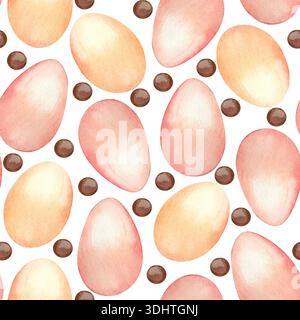 Ein nahtloses Aquarellmuster mit rosa und pfirsichfarbenen Ostereiern und Schokolade. Alle Objekte sind handgemalt in Aquarell. Das Muster ist perfekt für Stockfoto