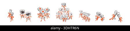 Set aus handgezeichnetem Doodle Champagner, Prosecco, Cocktail, Wein, Martini, Erdbeermargarita-Gläser mit kokettisch rosa Schleifenschleifen. Champaign Weddin Stock Vektor