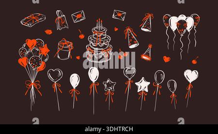 Handgezeichnete Kreidezeichnungen auf der Tafel. Buntstift-Kritzelemente auf der Tafel. Geburtstagskuchen mit Kerzen, fliegende Ballons, Geschenkboxen Stock Vektor