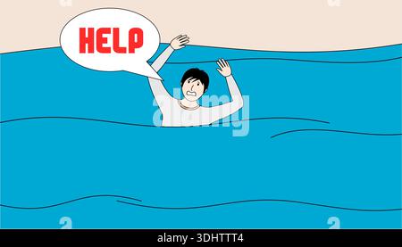 Der Mensch ertrinkt im Meer und schreit um Hilfe. Die Szene ist dringend und gefährlich, da der Mann in einer lebensbedrohlichen Situation ist Stock Vektor