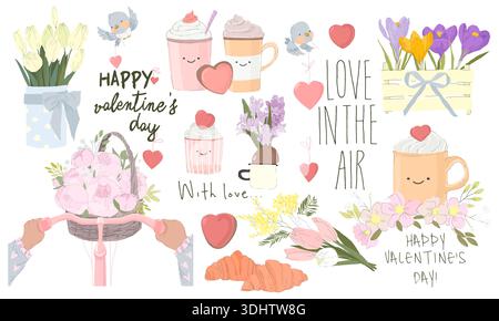 Handgezeichnetes Set aus verschiedenen valenines Day- und Blumenelementen Stock Vektor
