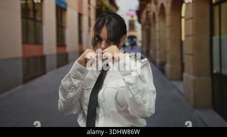 Frau in Pilotenuniform boxt auf einer Stadtstraße und zeigt Entschlossenheit und Ermächtigung draußen. Stockfoto