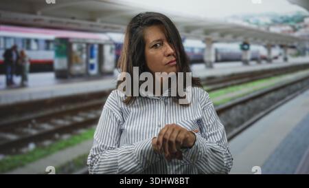 Frau zeigt Finger zu Handgelenk neben Bahngleisen am Bahnsteig des Bahnhofs; Ungeduld wartet auf die Arbeit. Stockfoto